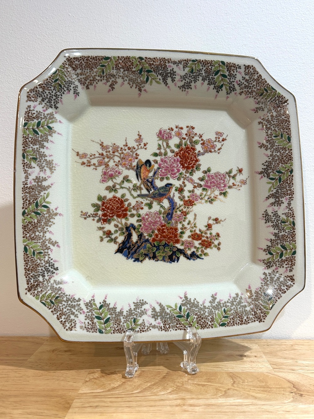 Vintage Toyo Japanese 10” Signed Chinoiserie Square Plate Platter Bird Floral